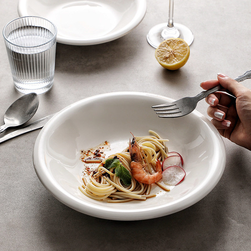 Hotel tableware ceramic plate disc ceramic counter plate restaurant white round deep plate household dish plate