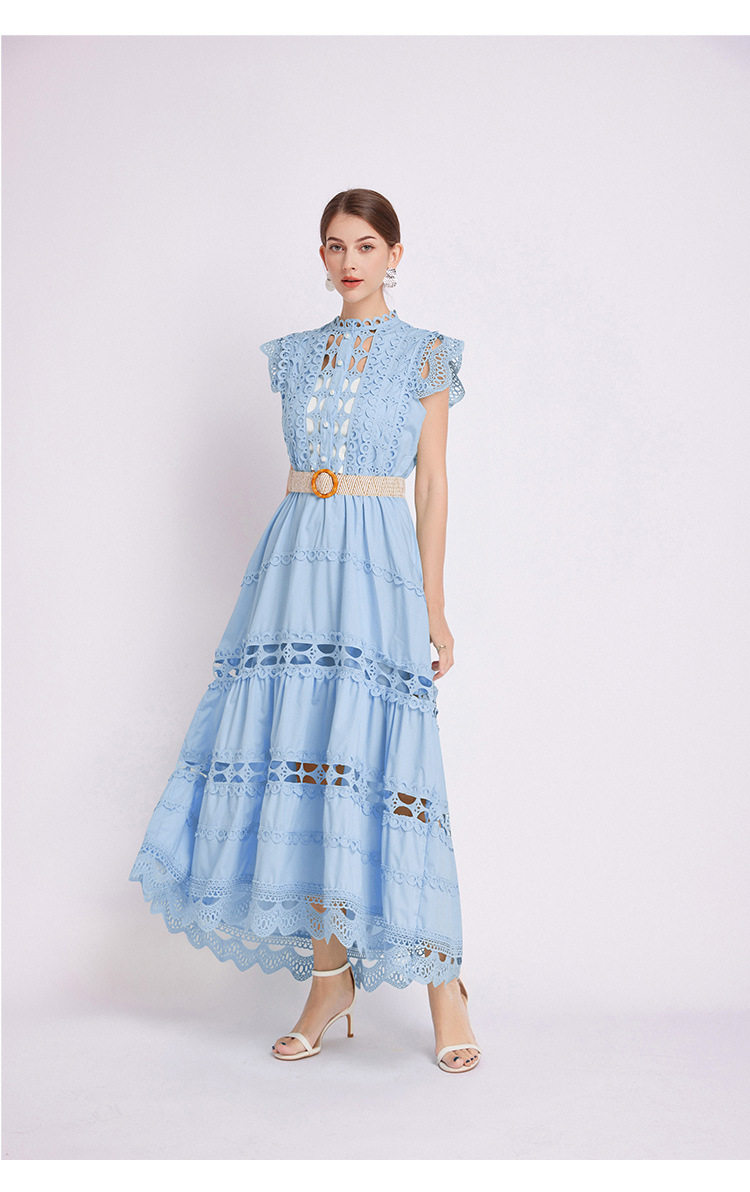 Elegant Sleeveless Dress French Style High Quality Lace Hollow Embroidery Waist Defining Perfect for Formal