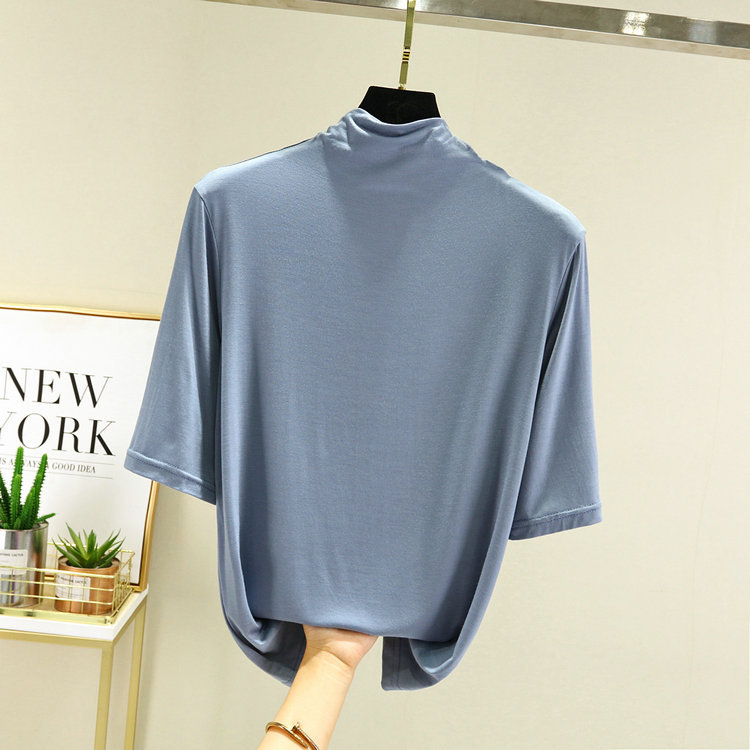 早秋新款纯色基础半高领中袖打底衫女莫代尔棉百搭五分袖T恤上衣