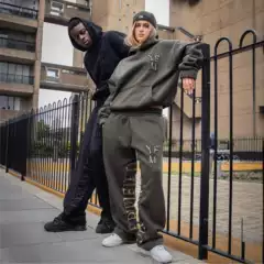 American Simple Sports and Leisure Home Autumn and Winter Warm Sweatshirts for Men and Women Hooded Cross-Border Trendy Brand Loose Sweatpants Suit