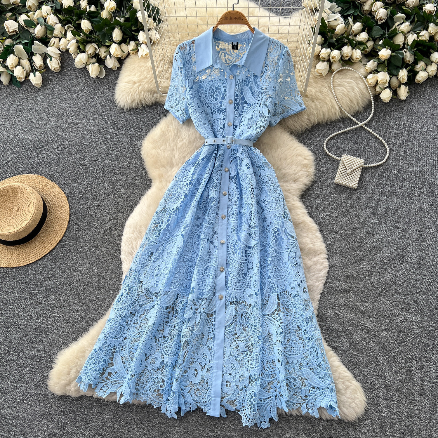 Pink Lace A Line Dress for Women Short Sleeve Collared Waist Defining Elegant Style Perfect for Parties and Special