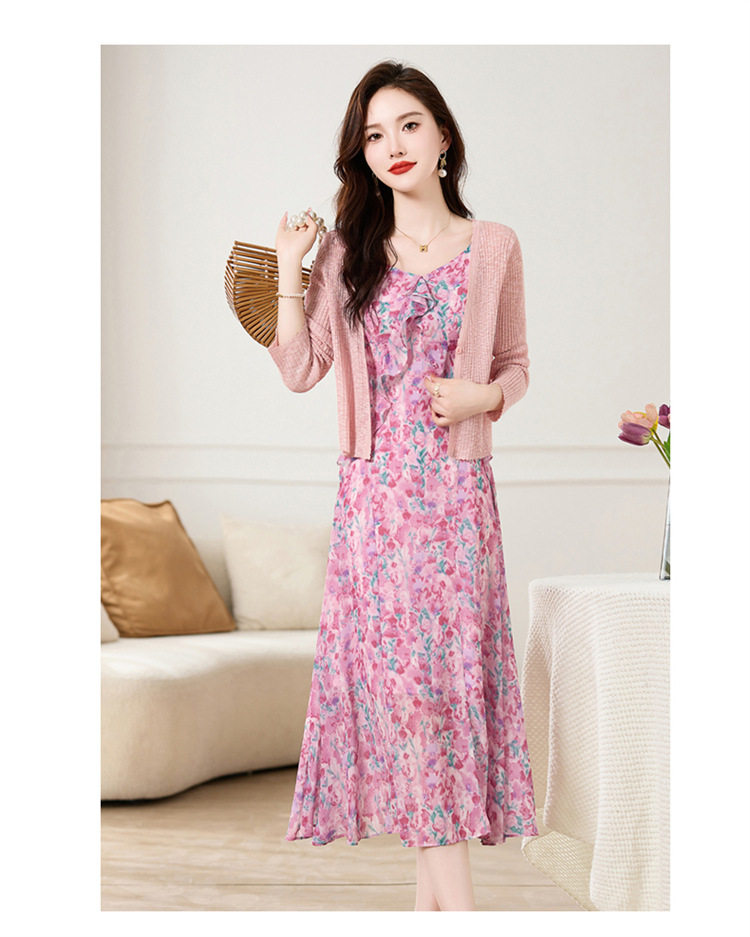 Set Áo Khoác Cardigan Dệt Kim Và Đầm Hai Dây Xòe Họa Tiết Hoa Phong Cách Thanh Lịch Màu Hồng, Xanh chi tiết 14