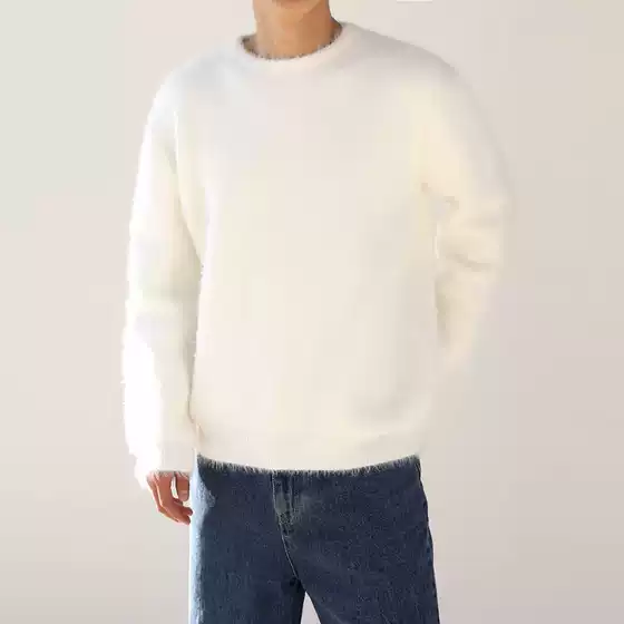 Mohair Solid Color Men's Sweater Winter Thickened Round Neck Korean Style Loose Soft Knitted Sweater Trendy