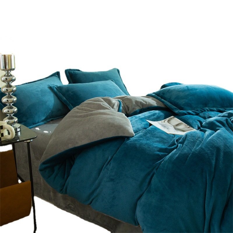 Winter Thickened Milk Velvet Four-Piece Set, Flannel Three-Piece Set, Bed Sheet and Duvet Cover, Anti-Static, Active Printing and Dyeing for Sleeping Naked