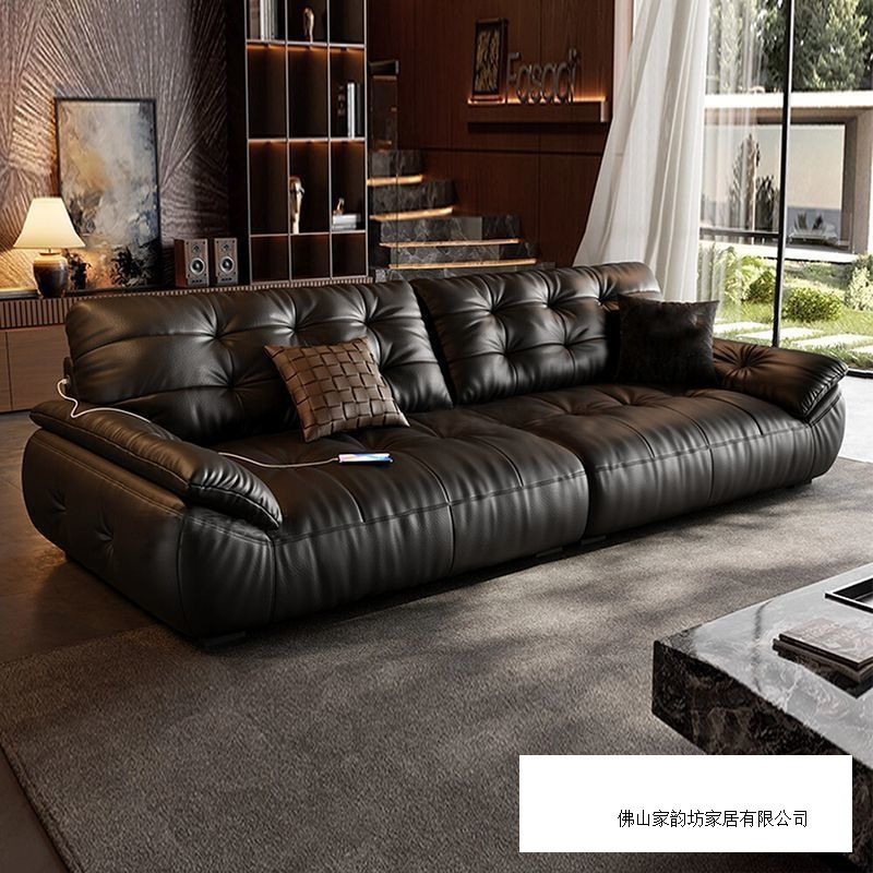 云朵真皮沙发三人直排头层牛皮意式极简现代客厅黑色中古大小户型