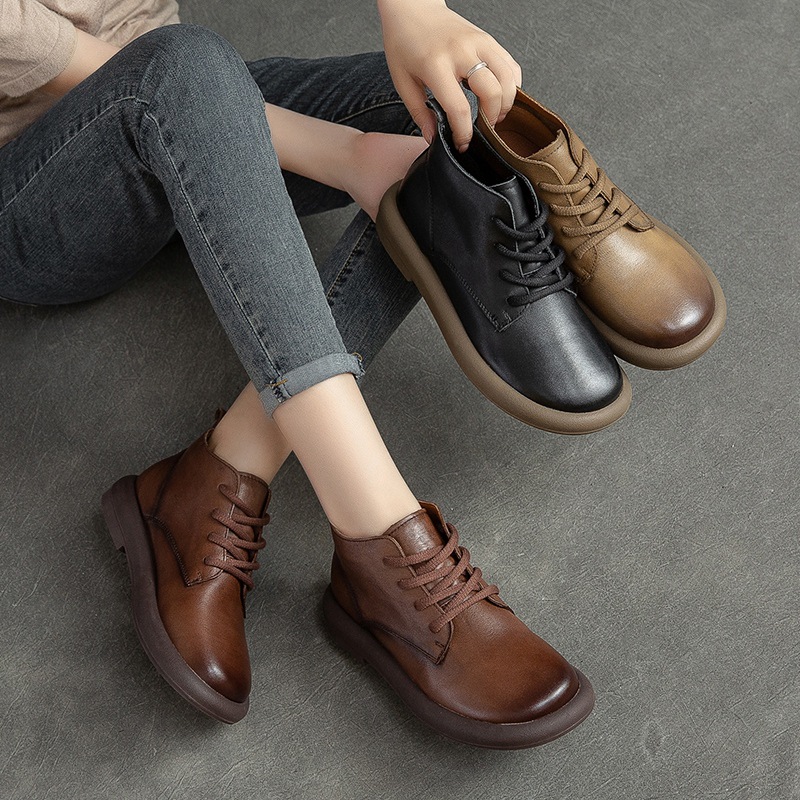 (Mới) Mã H9744 Giá 2100K: Giày Boot Cổ Thấp Nữ Huaidu Mũi Tròn Hàng Mùa Xuân Thu Đông Phục Cổ Cổ Điển Giày Dép Nữ Chất Liệu Da Bò G05 Sản Phẩm Mới, (Miễn Phí Vận Chuyển Toàn Quốc).
