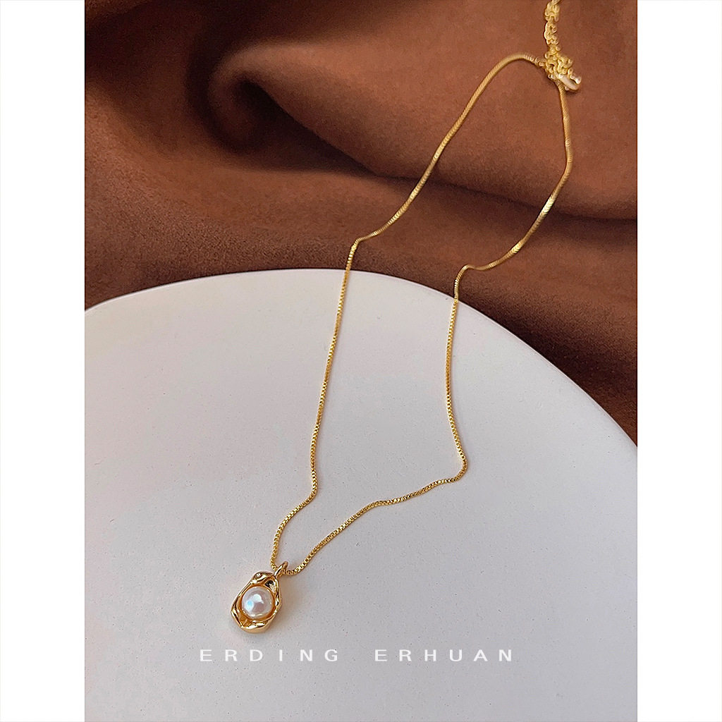 French style broad bean freshwater pearl necklace 14K gold plated bowl pearl pendant niche fashion high-grade clavicle chain female