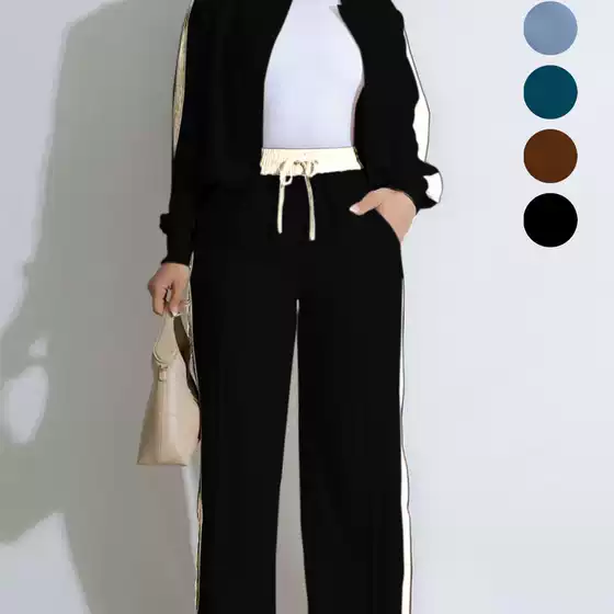 2025 New Winter Women's 2-Piece Set Casual Sports Zip-Up Color Block Loose Long Sleeve Tracksuit for Women