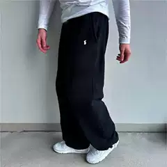 2025 Cross border European and American Retro Street Men's Hip Hop New Elastic Waist Pony Embroidered Loose and Velvet Straight leg Waist Pants