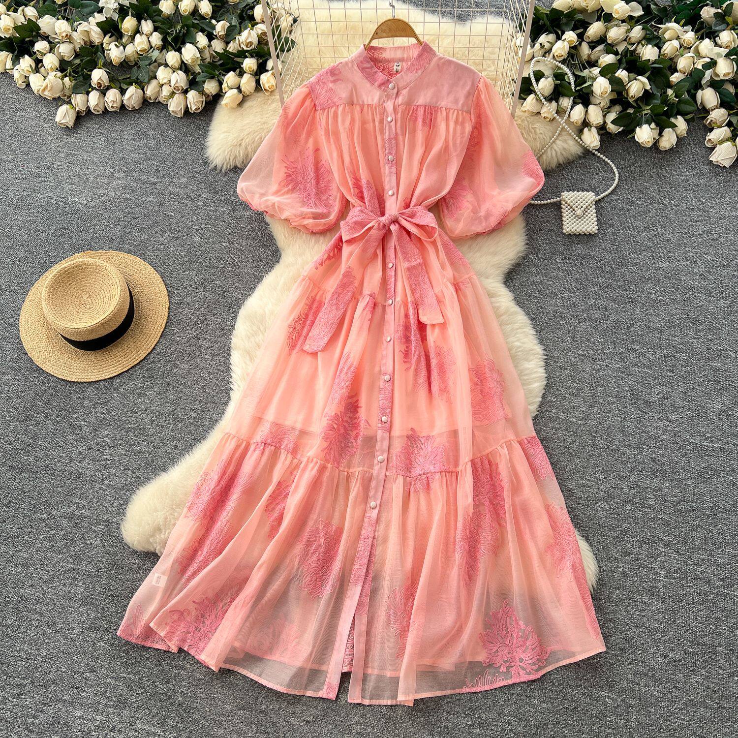 Embroidered Puff Sleeve Maxi Dress for Women Summer Fashion Elegant Fit and Flare Available in Multiple Colors and Sizes
