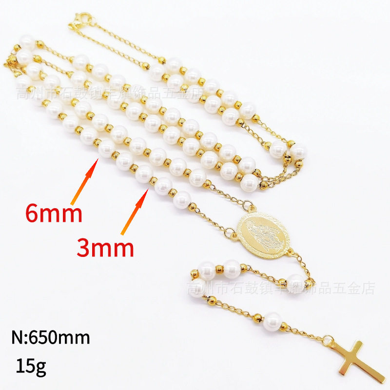 6mm Pearl series Buddha beads necklace clavicle chain stainless steel round beads necklace cross-border hot sale