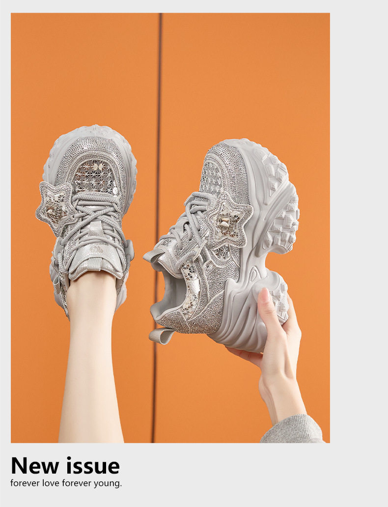 Giày sneaker nữ đế dày tăng chiều cao lưới thoáng khí dây buộc — Trắng, Bạc chi tiết 14