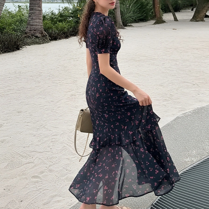 Elegant Floral Ruffle V Neck Dress Spring Collection Womens Fashion Soft Fabric Perfect for Casual or Formal
