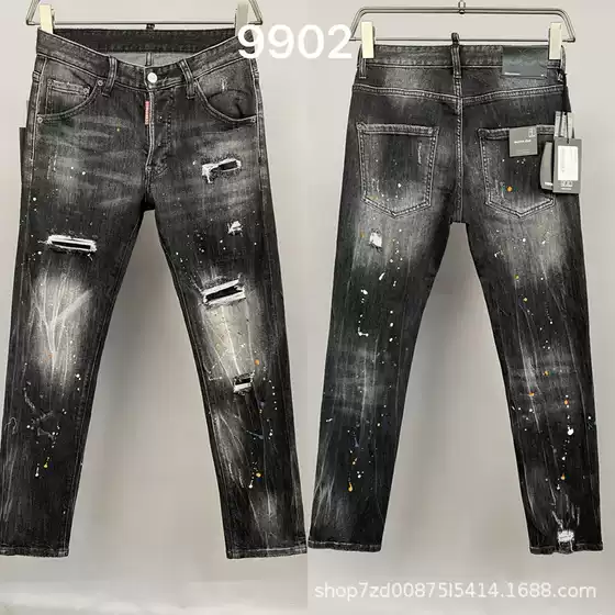9902 Lacquer Dot Hole Fashionable Secondary Square Trendy Jeans Cross-Border Men's Straight-Leg Denim Trousers European Station