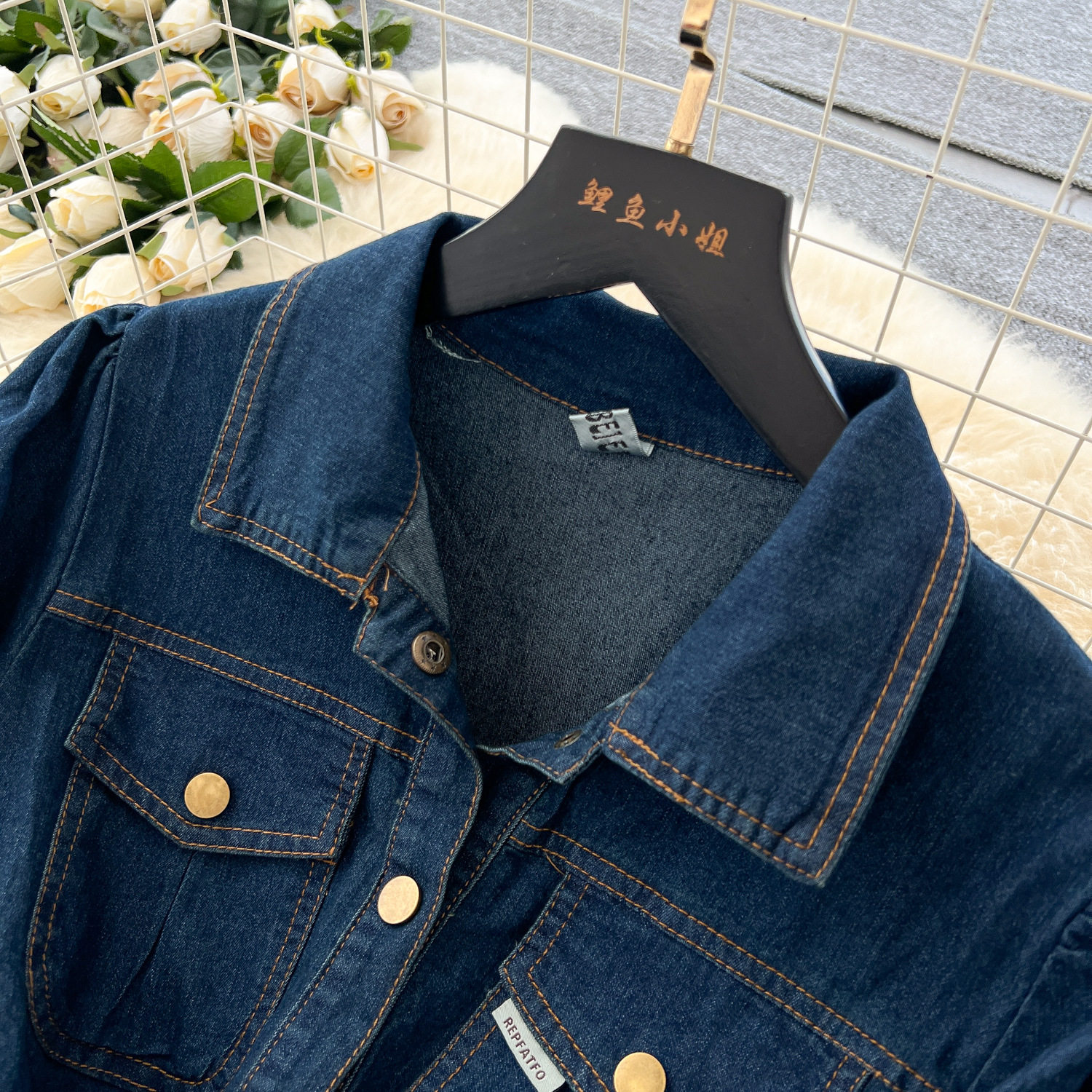 Vintage French Style Long Sleeve Button Up Waist Tie Dress Denim Fabric Retro Collar Elegant Fit Autumn Fashion
