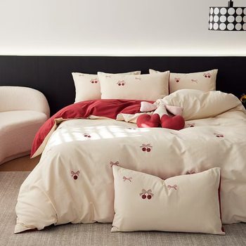 Class A 100s Long-staple Cotton Cotton Sanding Embroidery Four-piece Set Autumn and Winter Thickened Cartoon Children Three-piece Set Cotton 4