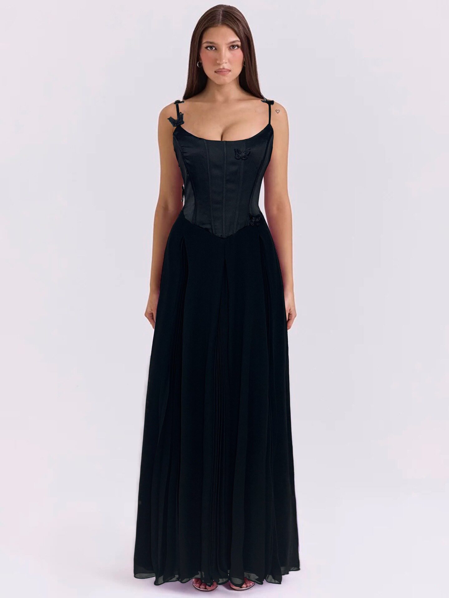 Elegant A Line Dress Solid Color 3D Butterfly Decoration Waist Defining Flared Skirt Perfect for Parties and Events