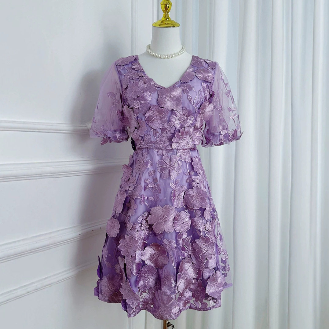 Summer V Neck Puff Sleeve Dress Handcrafted 3D Embroidery Solid Color Elegant A Line Silhouette Perfect for Parties