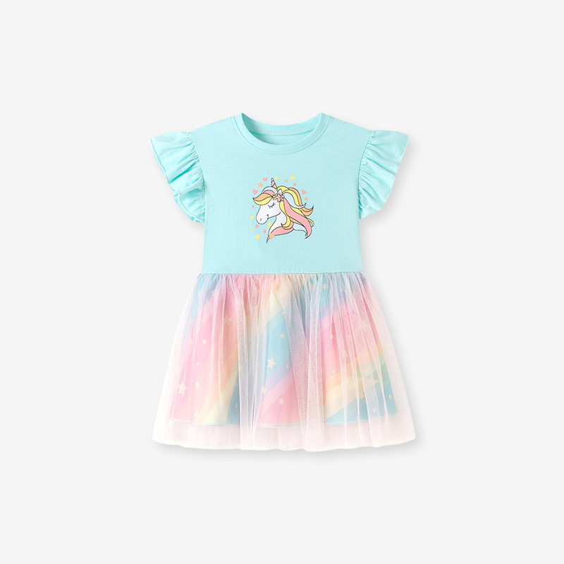 Summer Short-sleeve Girls' Tulle Dress, Cute Cartoon Style Kids' Princess Dress