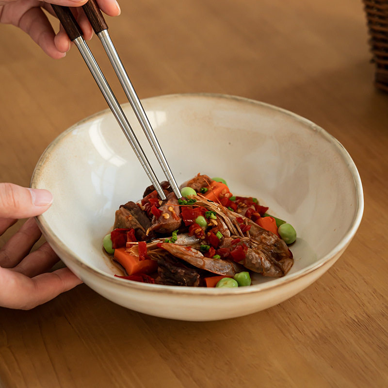 Japanese Style Retro Style Porcelain Porcelain Open Bowl Household Vegetable Bowl Bright Noodle Bowl Salah Bowl Soup Bowl Simple Tableware Large Bowl