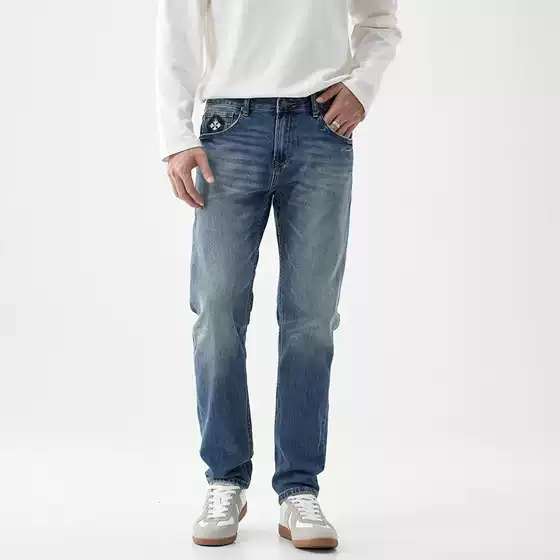 Quality Slim Fit Denim Trousers Fashion Micro-elastic Straight Jeans Cotton Casual Pants Embroidered Blue Trousers Trendy Brand
