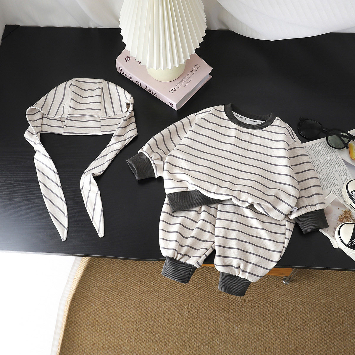 Children's Korean Style Striped Hoodie Set, New Spring & Autumn Top, Versatile Casual Outfit with Earflap Hat