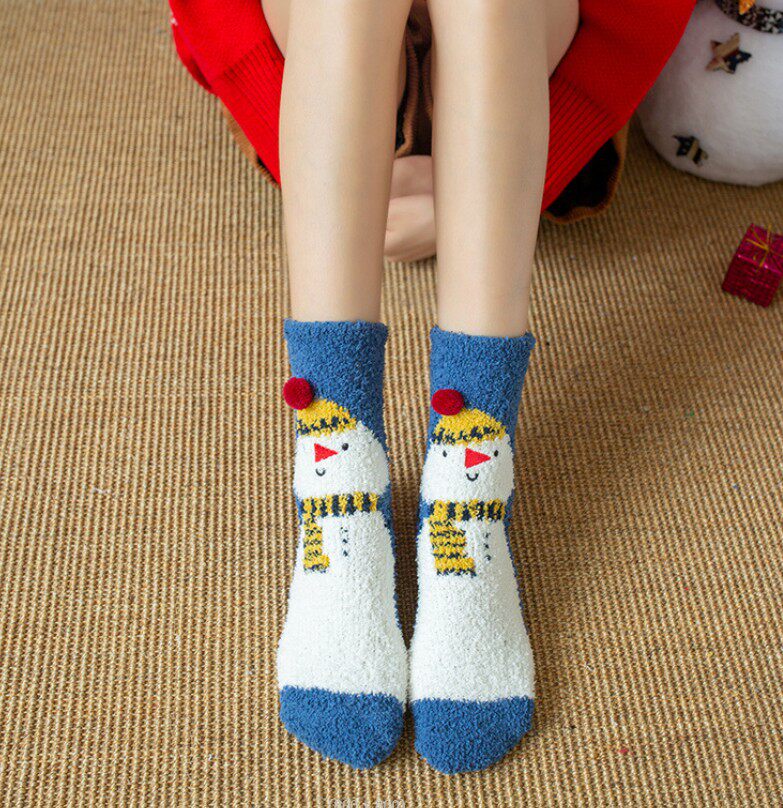 日系圣诞地摊袜子刺绣立体家居珊瑚绒卡通加厚毛巾地板半边绒女袜