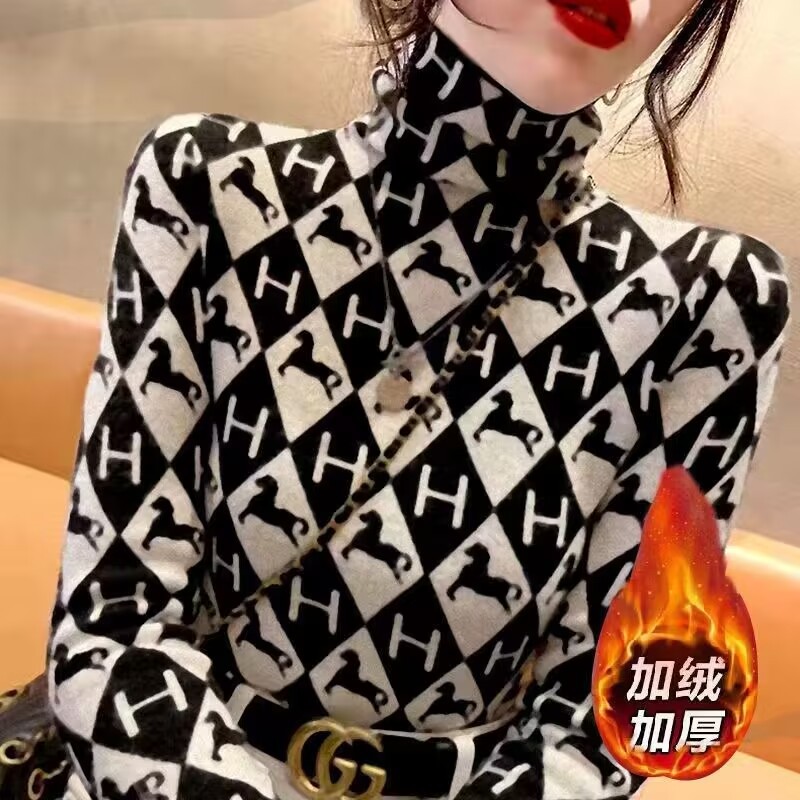 Double-Sided Velvet Base Shirt Women's Autumn and Winter High Collar Stylist Inner Long-Sleeved T-Shirt Women's Slim-Fit Warm Top ins Fashionable