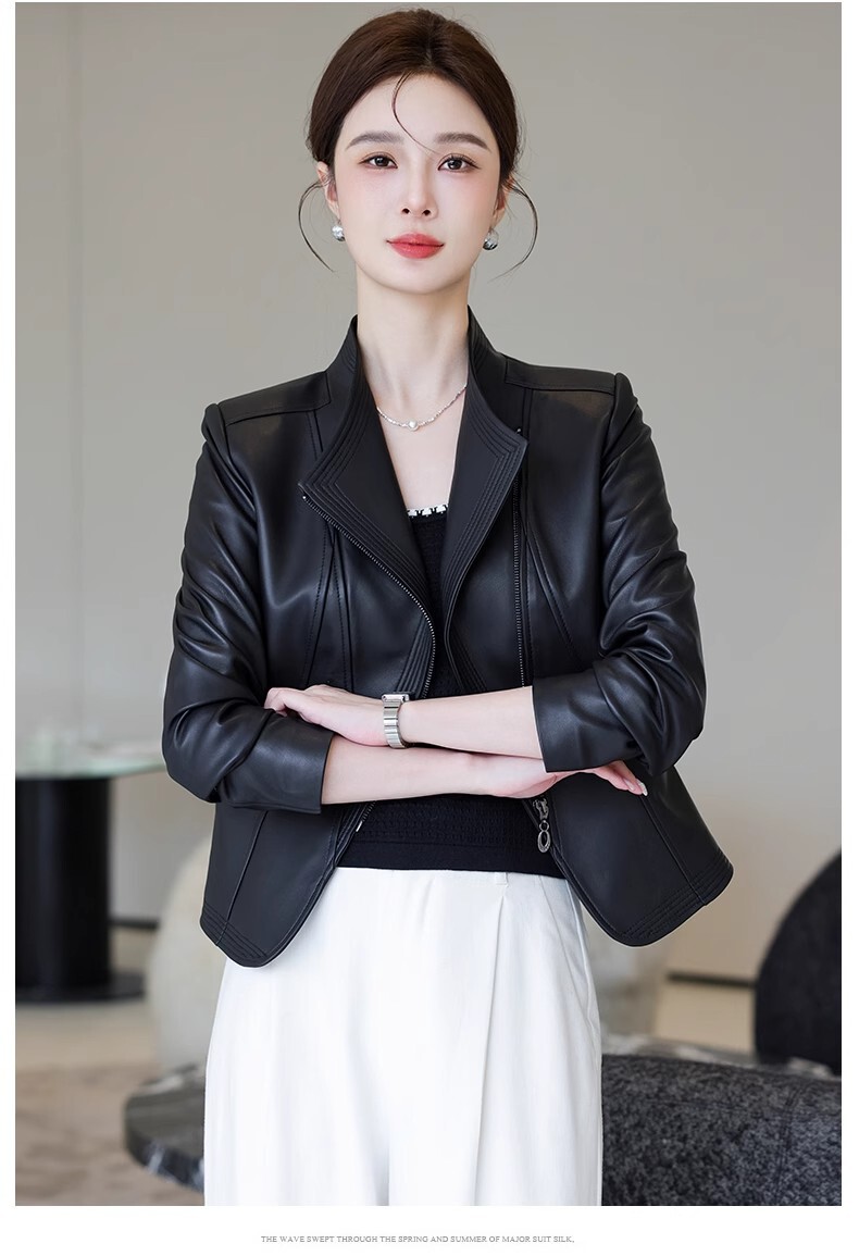 Áo khoác da cừu nữ dáng ngắn cổ đứng ôm body — Màu đen
