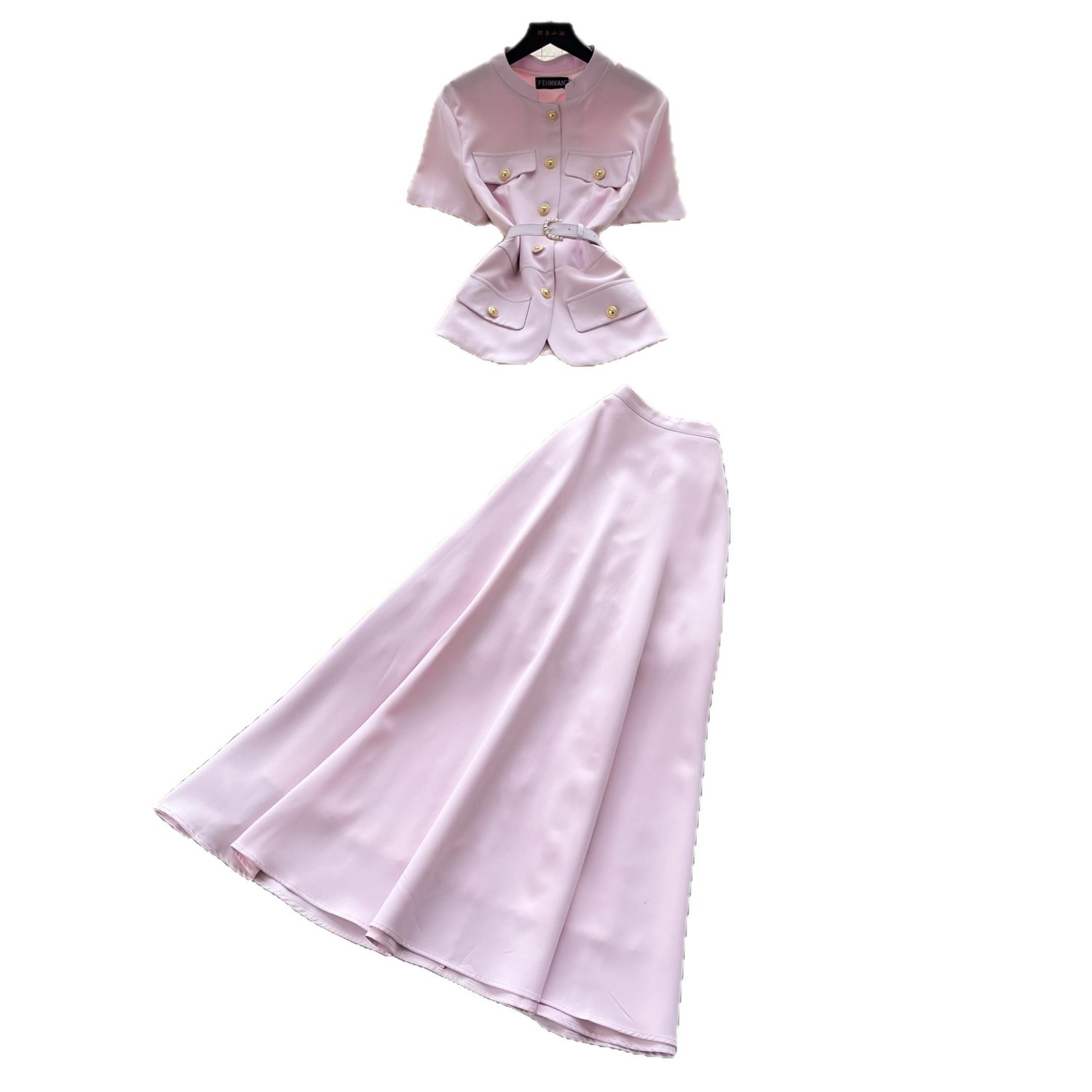 Chic Commuter Style Pink Short Sleeve Top and High Waist Midi Skirt Set Slim Fit Summer Fashion Womens Outfit