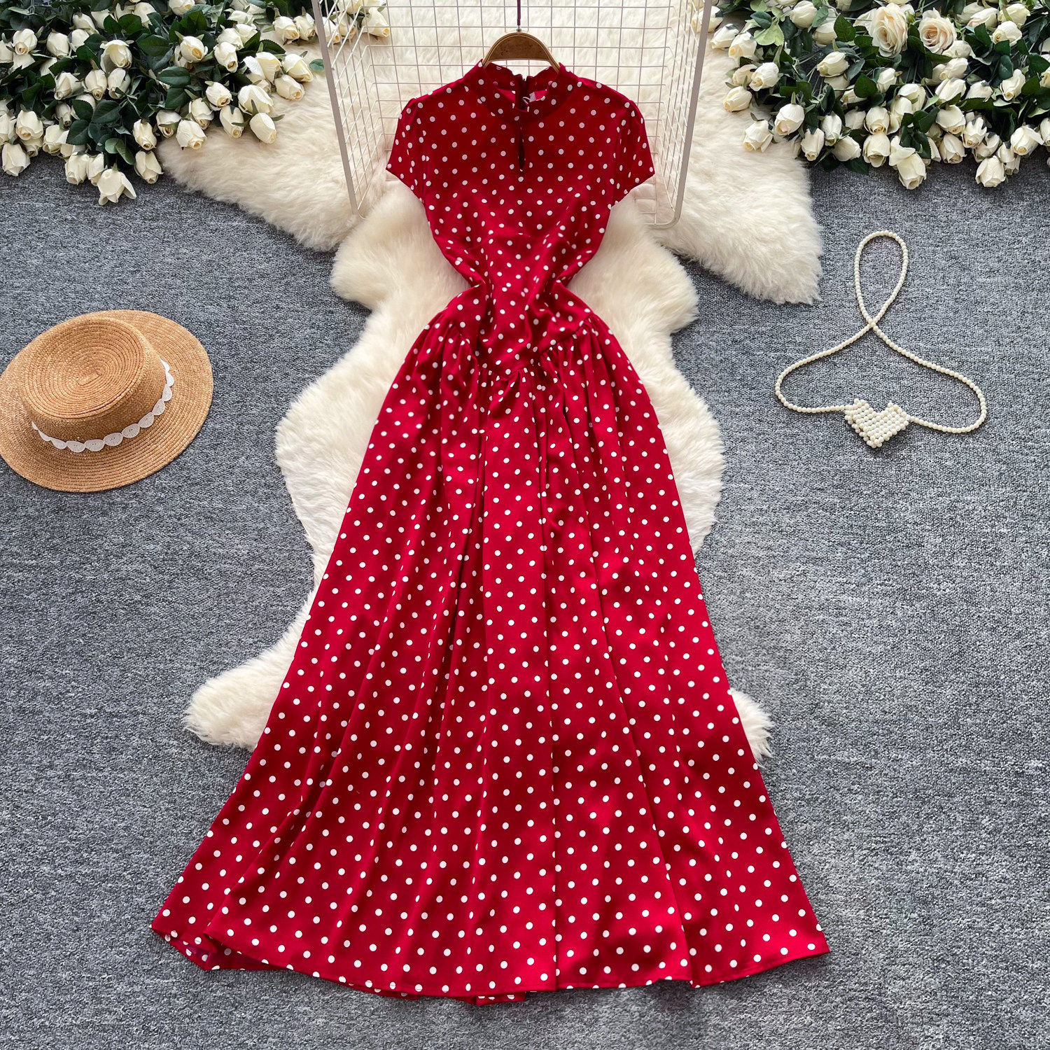 Vintage Red Short Sleeve Polka Dot Dress High Waist A Line Silhouette Summer Casual Wear for Work Wholesale Available