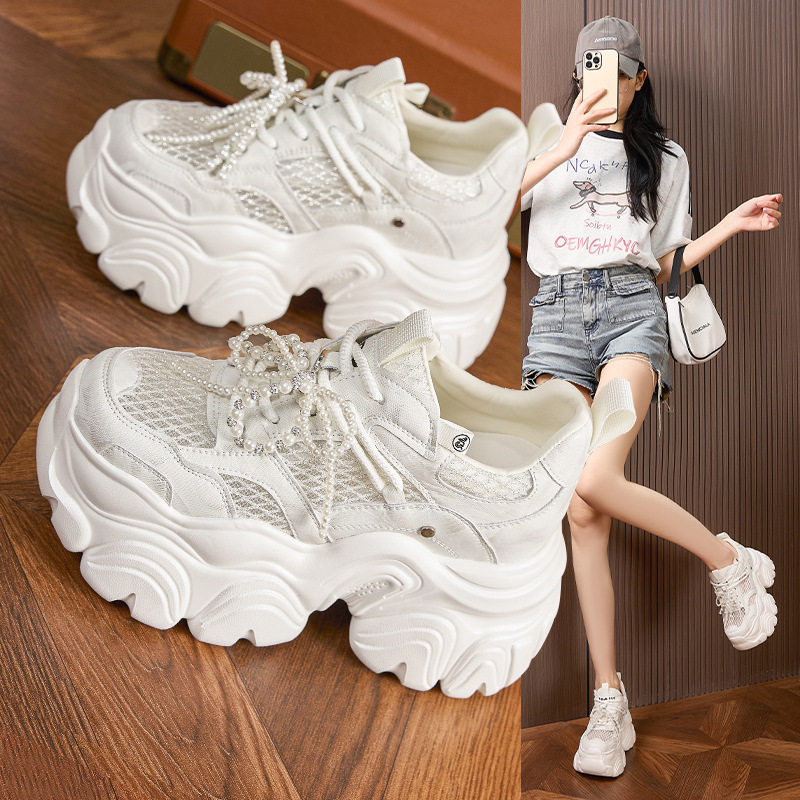 Giày sneaker nữ chunky đế dày thoáng khí mùa hè — Bạc, Trắng