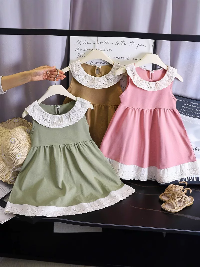 Niche Kids' Wear Lace Ruffle Collar Pleated Girls' Dress, New Summer Lace Sweet Princess Dress
