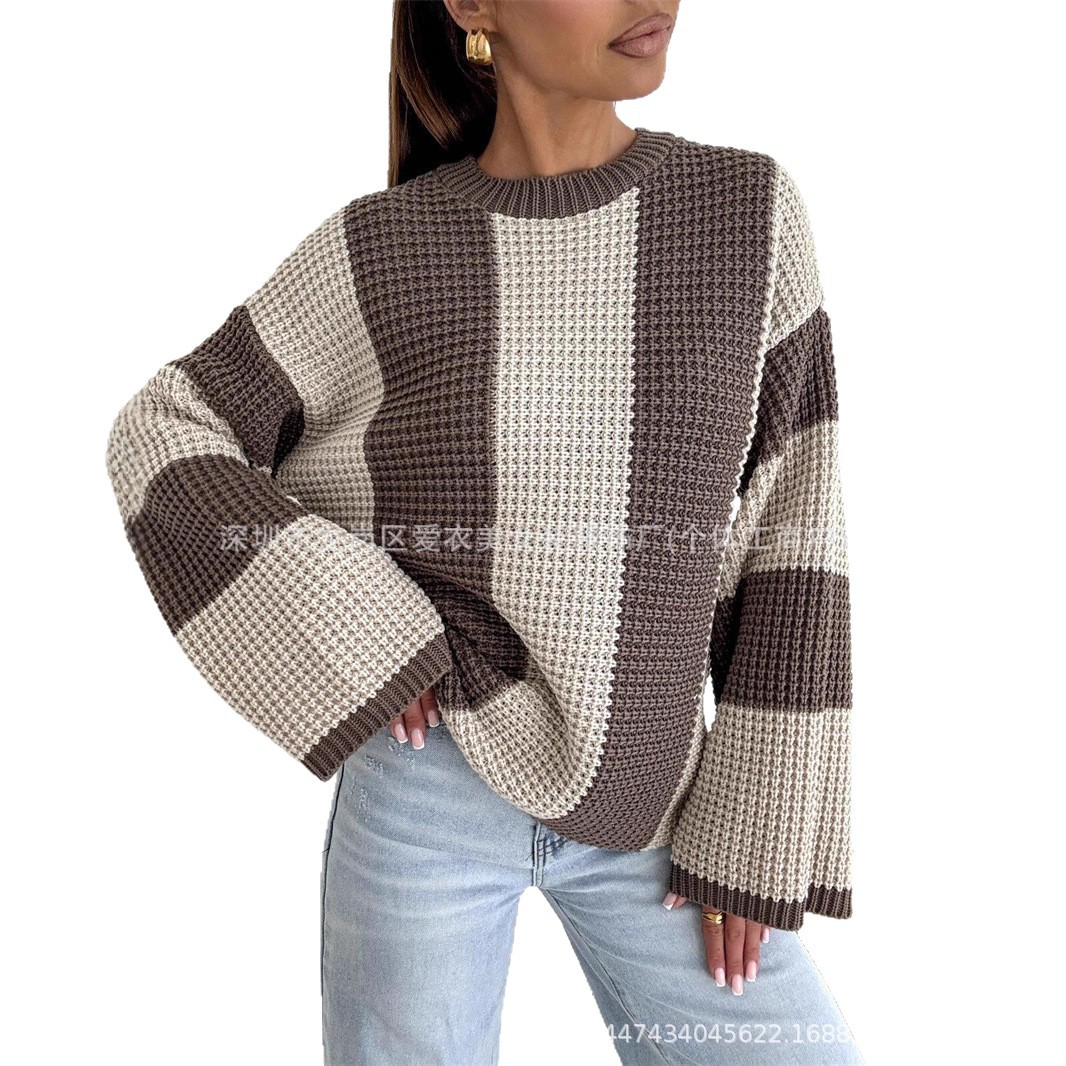 2025wish秋冬女装欧美休闲时尚宽松长袖拼色套头新款毛衣女3色