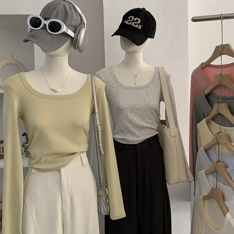 欧玛莱 方领露锁骨纯色螺纹棉修身显瘦长袖短款T恤上衣女6210,淘宝优惠券,粉丝福利购,淘宝优惠卷