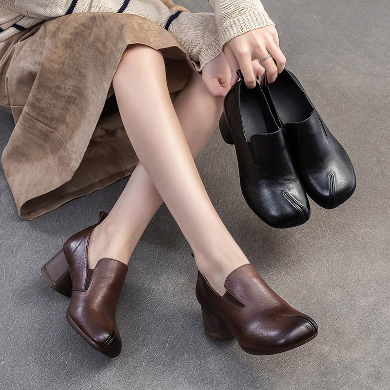 Giày Cao Gót Nữ Chất Liệu Da Bò Hàng Mùa Xuân Thu Đông Trung Niên Phục Cổ Cổ Điển