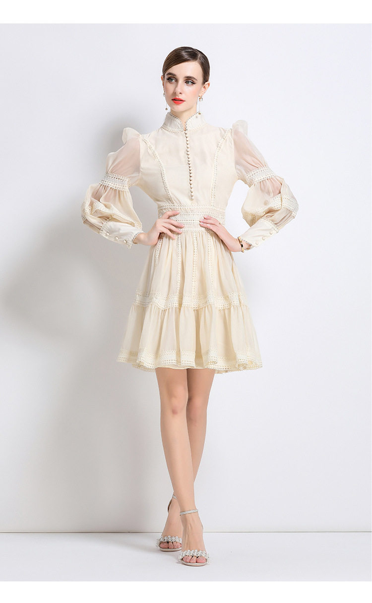 Elegant Puff Sleeve Lace Mesh Dress High End French Style Lantern Sleeves A Line Silhouette Perfect for Formal