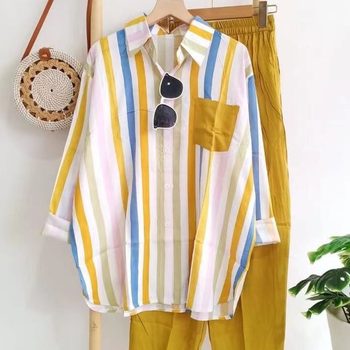Amazon cross-border 2023 Summer new fashion loose slim comfortable casual striped suit women Wholesale