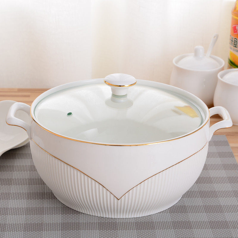 Household Double-Eared Ceramic Soup Bowl with Lid, Creative Stew Pot, Pure White Large-Capacity Rice Soup Bowl, Soup Basin, Microwave Oven Ginger Tea