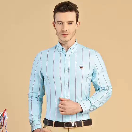 Polo Men's Long Sleeve Shirt 100% Cotton Oxford Striped Business Casual Washed Base Layer Top