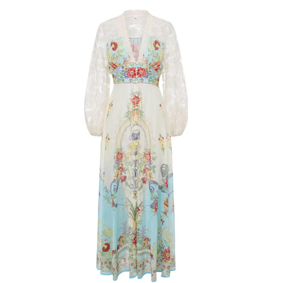 Elegant Lace Trimmed V Neck Dress Vintage Floral Print Waist Cinching Flared Skirt Spring Fall Occasion Wholesale