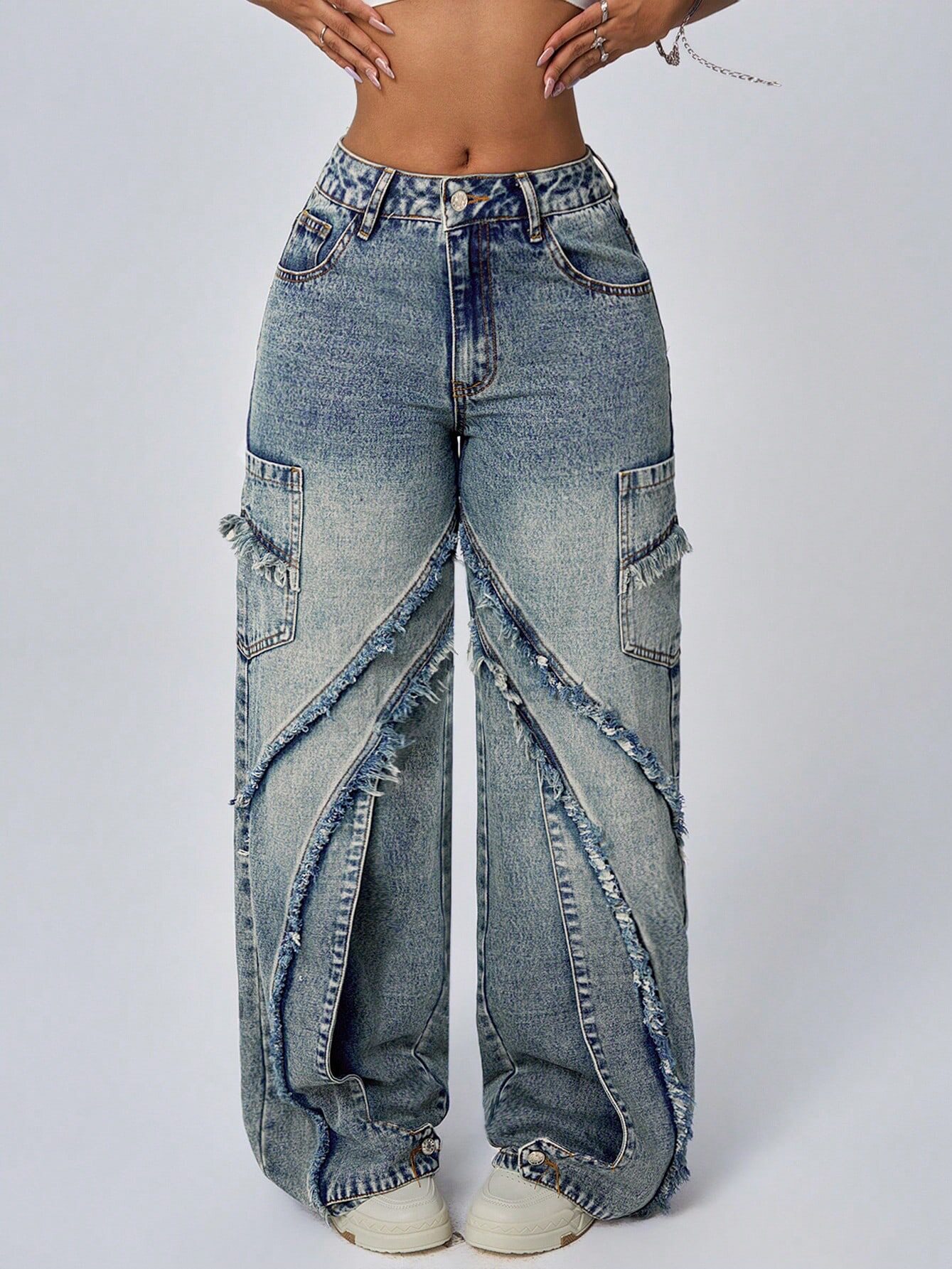 Wide Leg Denim Trousers Distressed Hem Patchwork Design Loose Fit Casual Wear for Women Wholesale Available