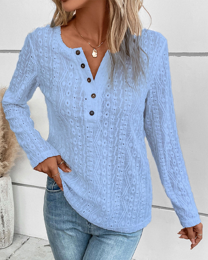 Casual Womens Long Sleeve Top Solid Color V Neck Hollow Out Design Perfect for Everyday Wear Wholesale Available