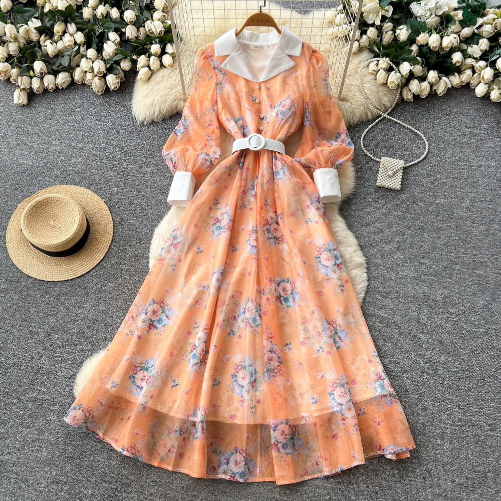 French Romantic V Neck Lantern Sleeve Floral Maxi Dress Slim Fit Waist Defining A Line Silhouette Perfect for Spring