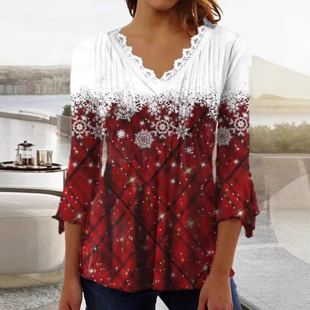 V Neck Long Sleeve Top Snowflake Print Plaid Design Autumn Winter Style Wholesale Available bulk order