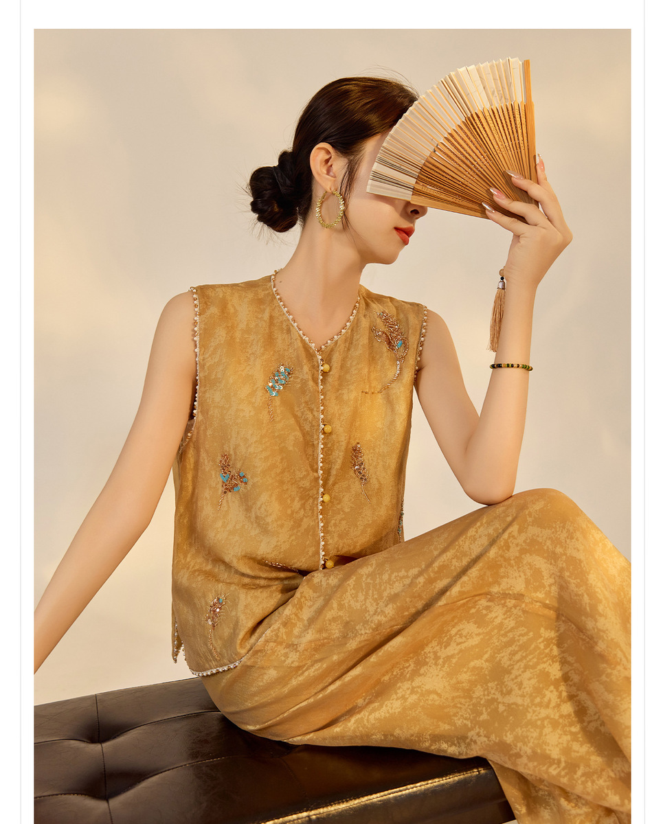 Set gile thêu đính cườm kèm quần dài nữ phong cách thanh lịch — Quần dài màu mơ, Quần dài màu xanh lục, Gi lê màu hồng, Gi lê màu xanh lục