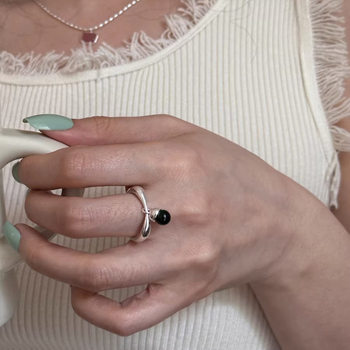 Korean Style Black Pine Nugget Silver Ring Women's Ins Niche Cold Style Simple High-end All-match Open Finger Ring Trendy