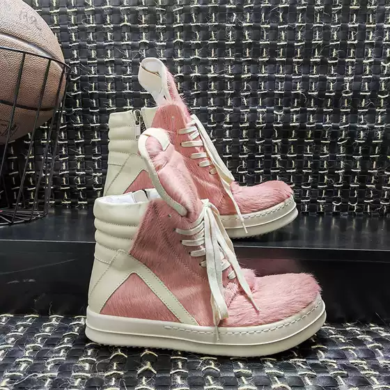 Ro Inverted Triangle Horse Hair Black Pink High-Top Shoes Large Size Thick-Soled Lace-Up Genuine Leather European and American High-Bottom Gray Horse Trbottomy Shoes