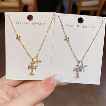 Korean Style Exquisite Elegant Fashion Zircon Double Cross Pendant Necklace Distinctive Light Luxury All-match High-end Clavicle Chain