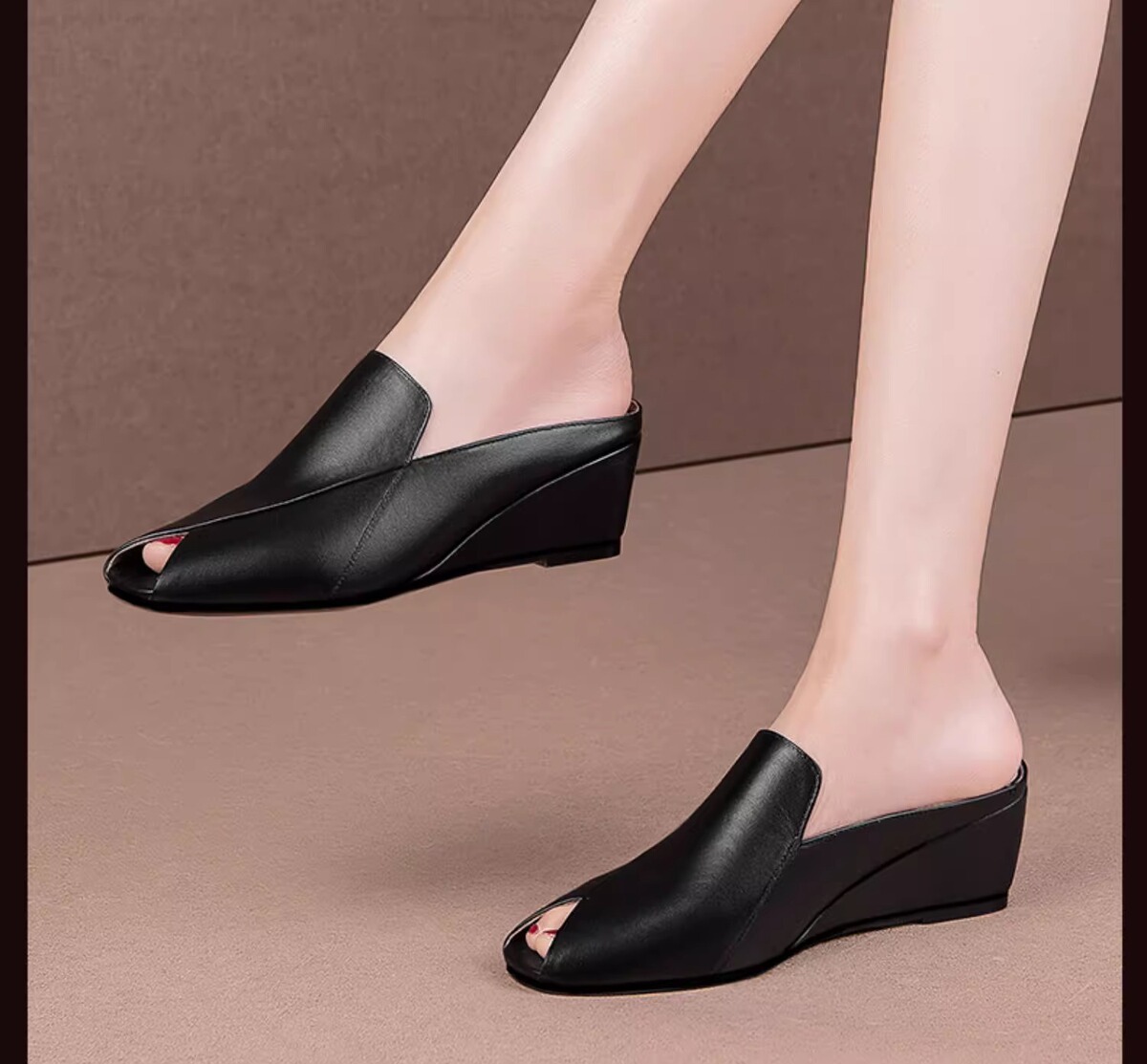 Dép sandal nữ mũi hở gót nêm 5cm phong cách tối giản, quai ngang dễ mang hằng ngày — Màu đen, Màu trắng be